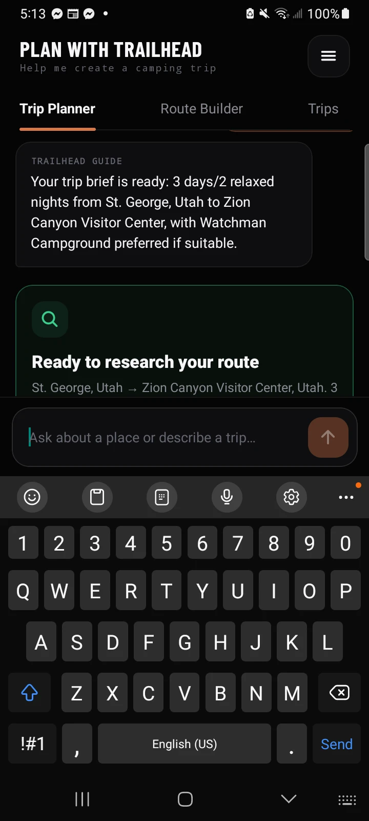 Actual Zion trip research in the Trailhead Planner