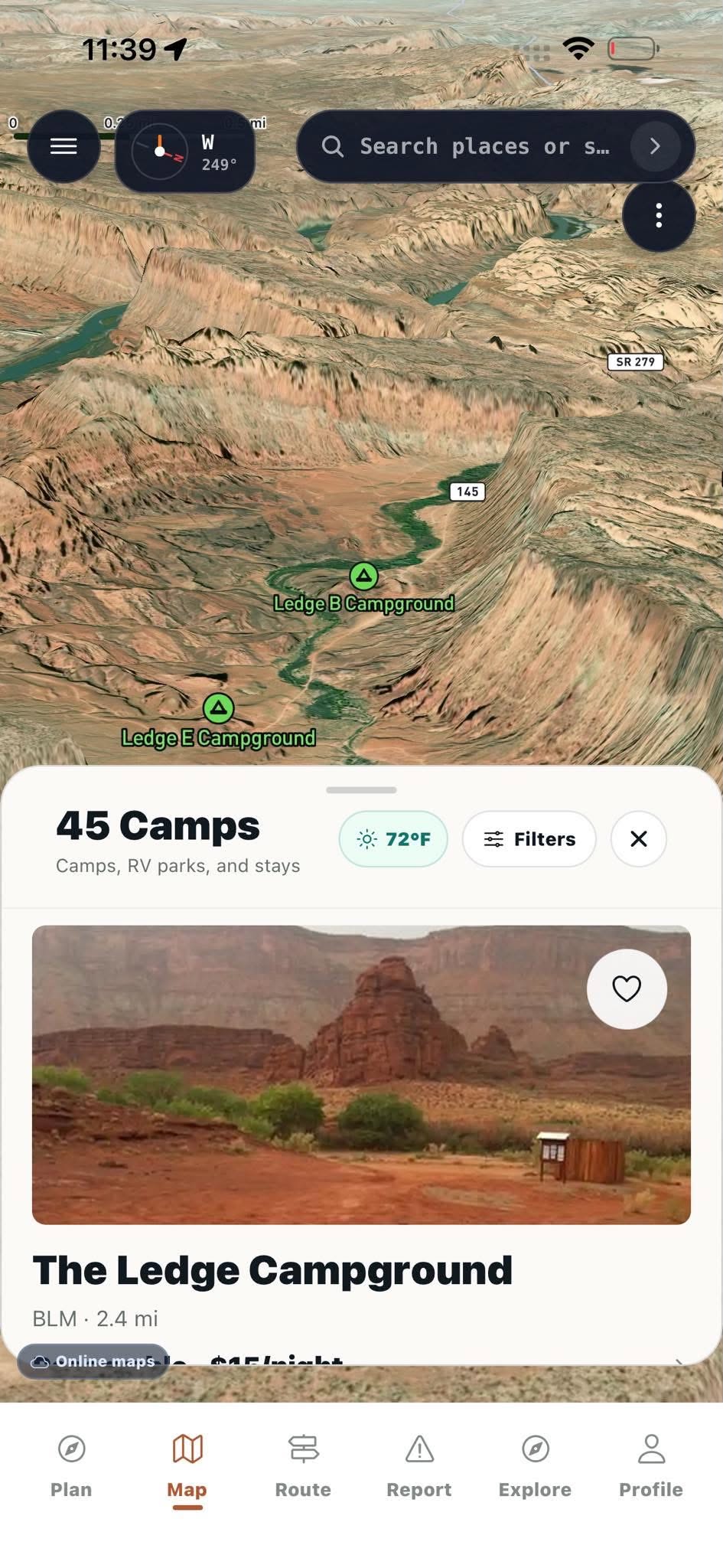 Trailhead map showing Moab camp results