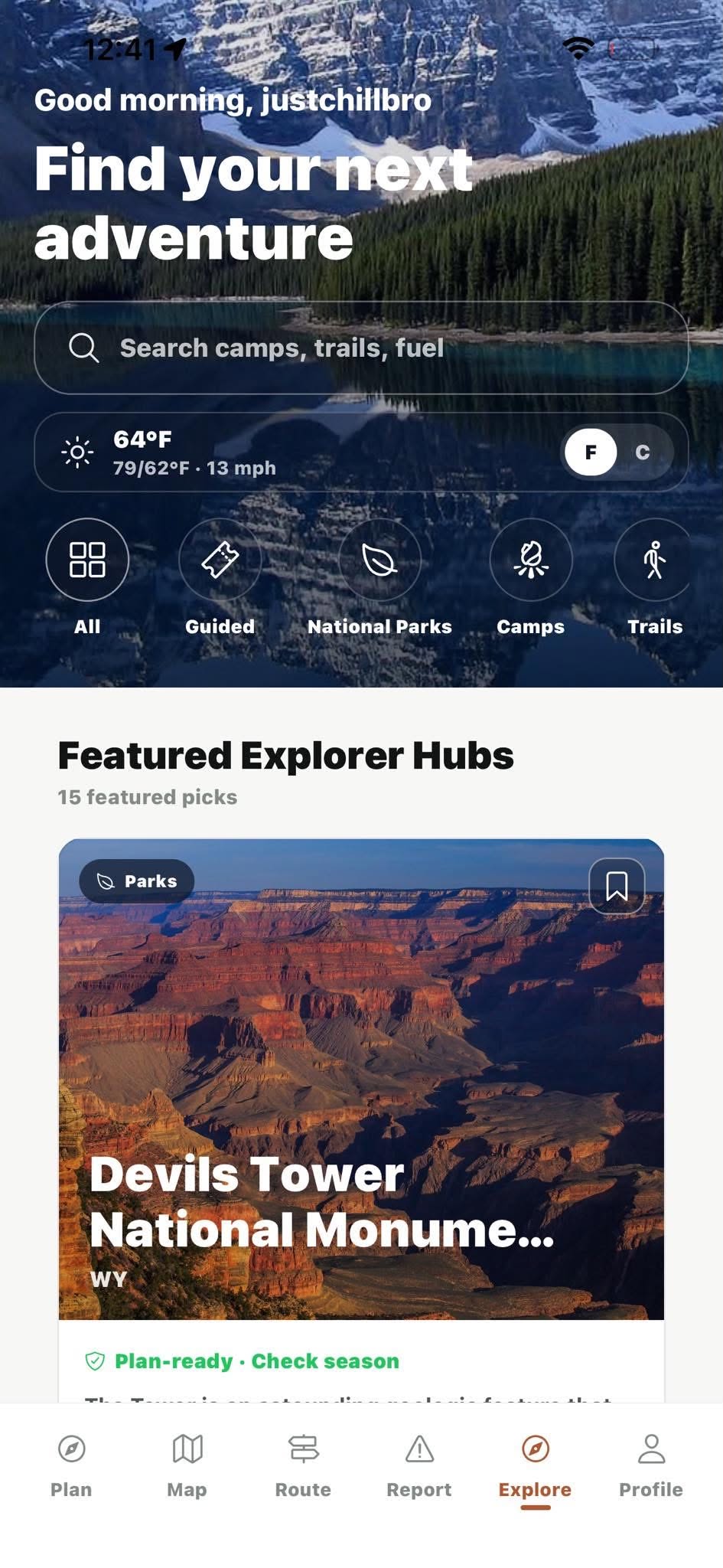 Trailhead places screen with search and featured outdoor places