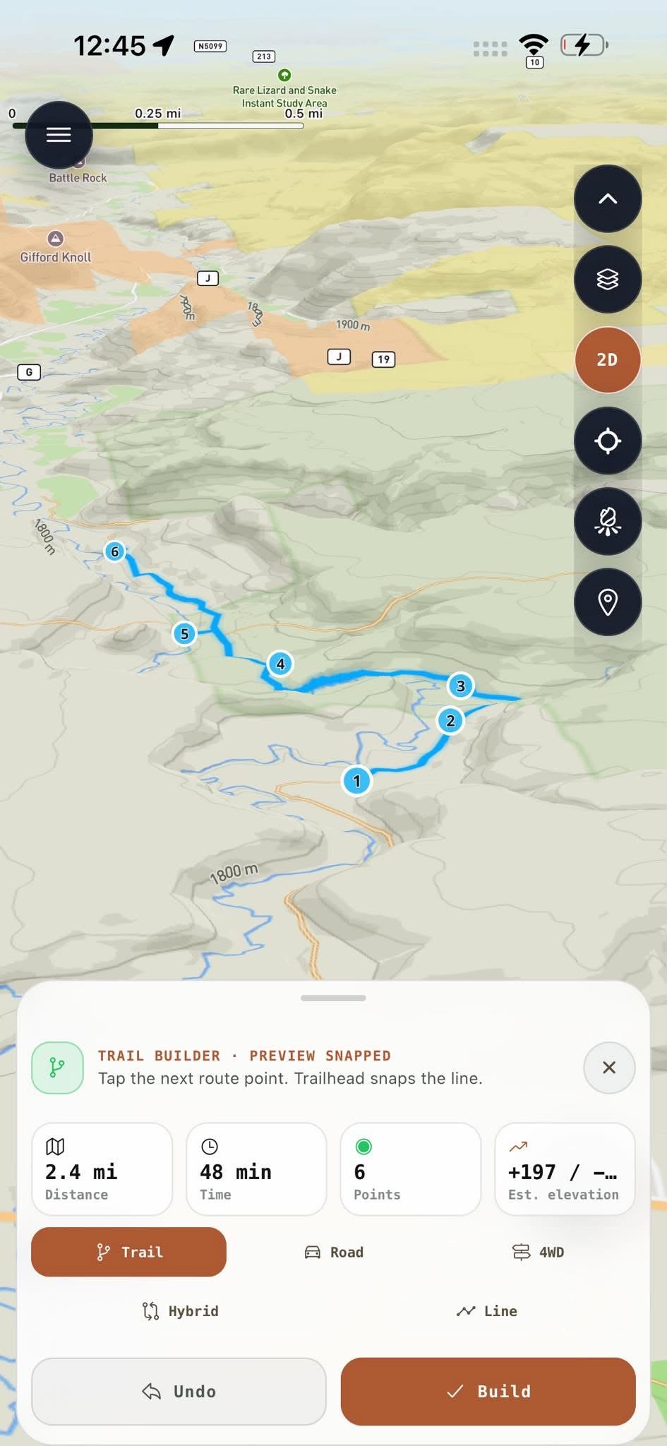 Trailhead route builder on a terrain map